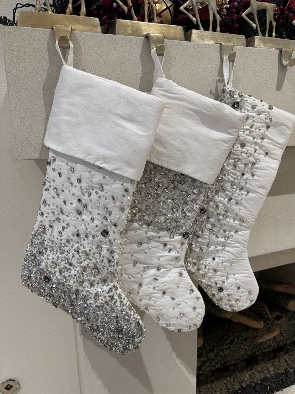 NEIMAN MARCUS Scattered Crystal Embellished Satin Stocking White Silver NEW $165